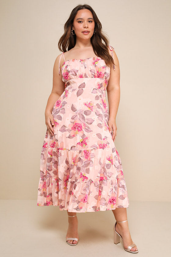 Tea Party Chic Pink Floral Print Tie-Strap Tiered Midi Dress #Color_Pink Floral Print