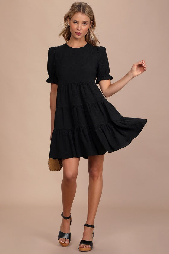 Favorite Day Black Puff Sleeve Tiered Mini Dress #Color_Black