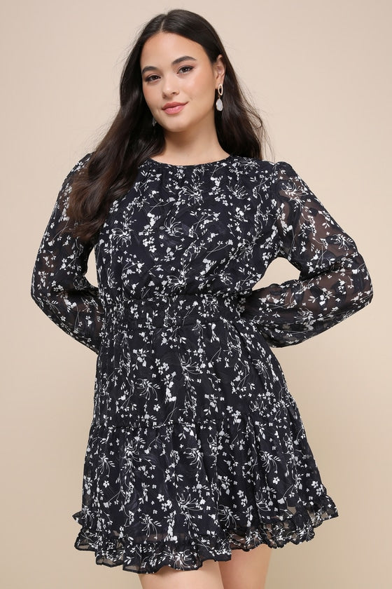 Too Cute Brown Floral Print Smocked Long Sleeve Mini Dress