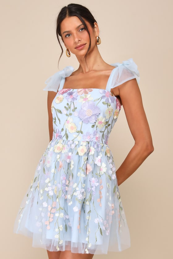 Classic Romance White 3D Floral Applique Tie-Strap Mini Dress #Color_Blue