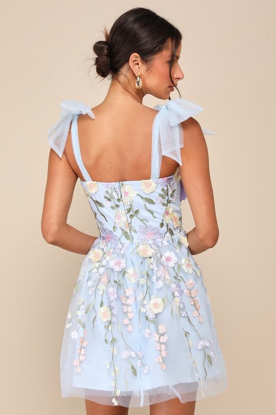 Classic Romance White 3D Floral Applique Tie-Strap Mini Dress