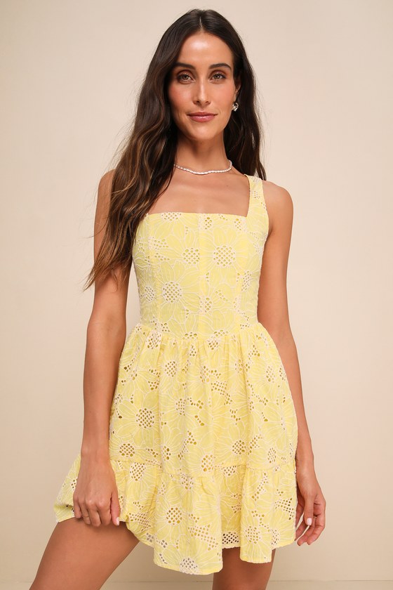 Bright Personality Yellow Embroidered Floral Skater Mini Dress #Color_Yellow