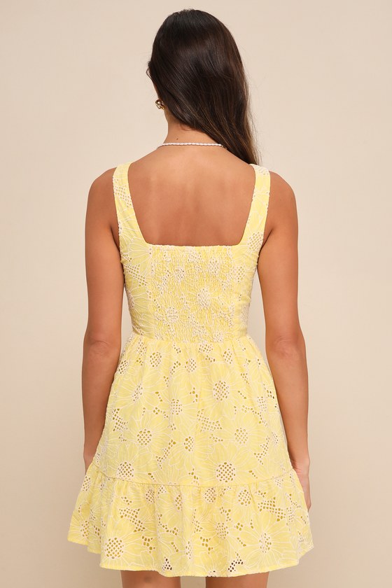 Bright Personality Yellow Embroidered Floral Skater Mini Dress #Color_Yellow