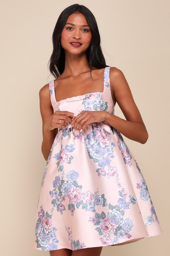 Unbelievably Lovely Pink Floral Babydoll Empire Waist Mini Dress #Color_Pink Floral