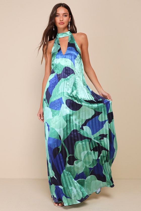 Prime Poise Pink Multi Abstract Satin Halter Maxi Dress
