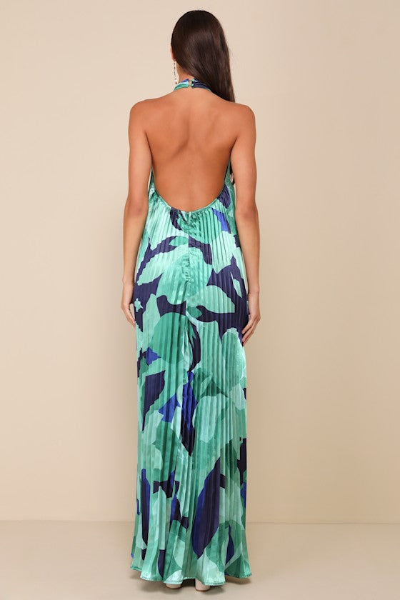 Prime Poise Pink Multi Abstract Satin Halter Maxi Dress