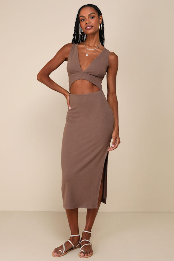 Divide and Contour White Ribbed Cutout Bodycon Midi Dress #Color_Brown