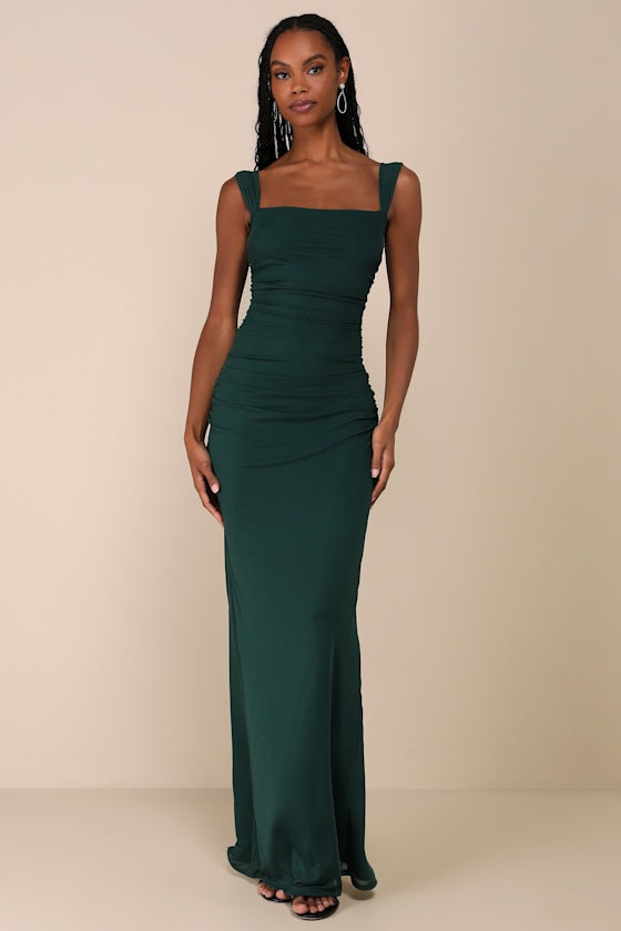 Amazing Presence Slate Blue Mesh Ruched Column Maxi Dress