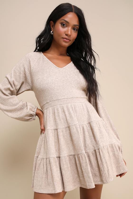 Adorable Option Heather Beige Long Sleeve Mini Sweater Dress #Color_Heather Beige