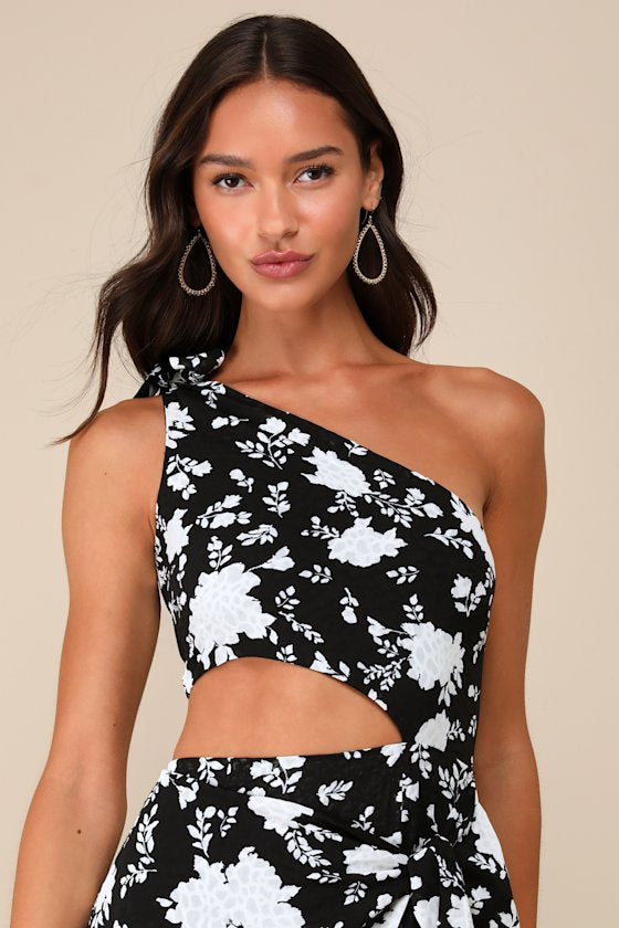 Vacay Beauty Blue Scarf Print One-Shoulder Tie-Strap Midi Dress