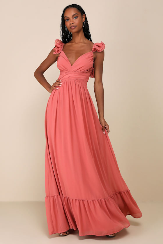 Soiree Celebration Blue Floral Ruffled Lace-Up Maxi Dress #Color_Rusty Rose