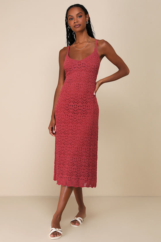 Sunset Vibes Light Beige Crochet Sleeveless Midi Dress #Color_Rust Red