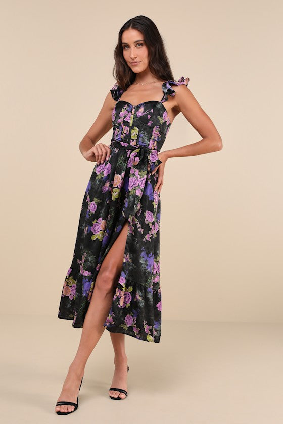 Sweet Like Sangria Pink Floral Ruffled Bustier Midi Dress #Color_Black Floral