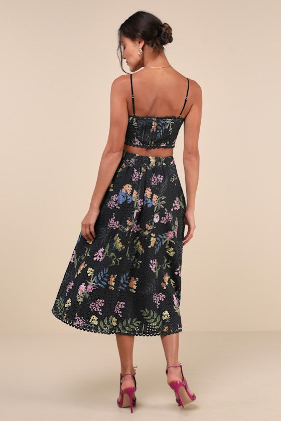 Sweet At Heart Black Floral Embroidered Two-Piece Midi Dress #Color_Black Floral