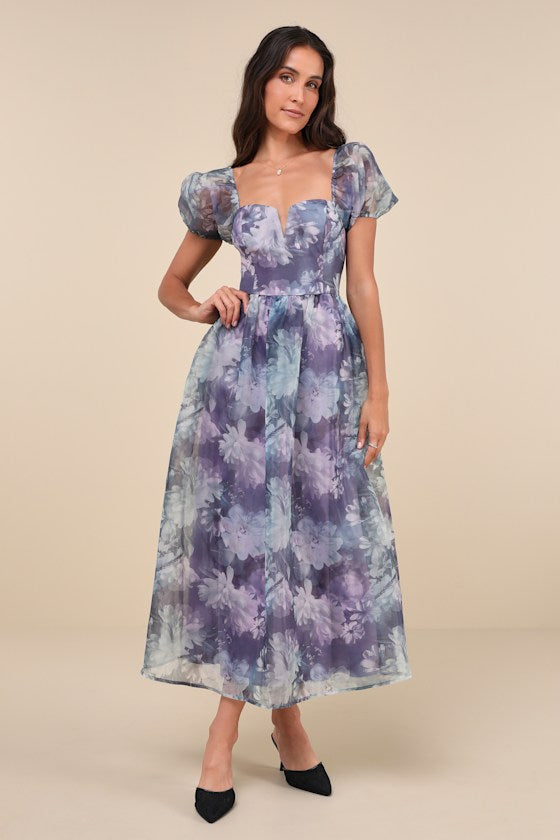 Lovely Statement Purple Floral Organza Tie-Back Midi Dress #Color_Purple Floral