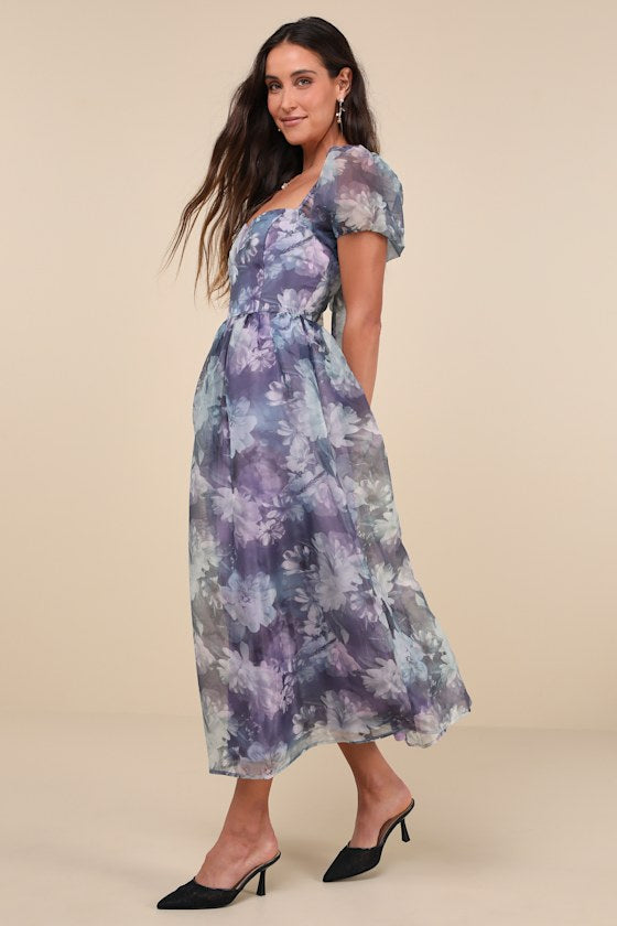 Lovely Statement Purple Floral Organza Tie-Back Midi Dress #Color_Purple Floral