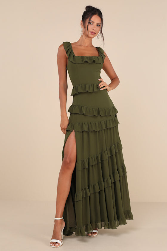 Compelling Romantic Dark Blue Ruffled Tiered Maxi Dress #Color_Olive Green