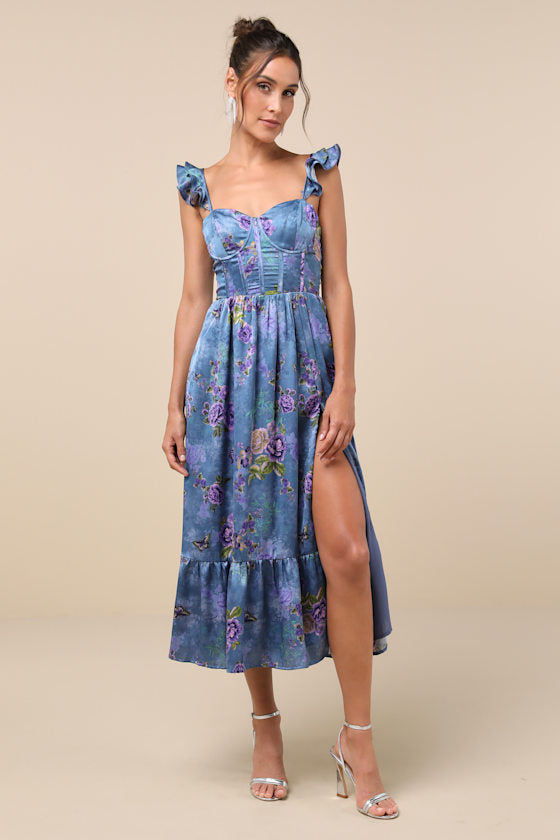 Sweet Like Sangria Blue Floral Ruffled Bustier Midi Dress #Color_Blue Floral