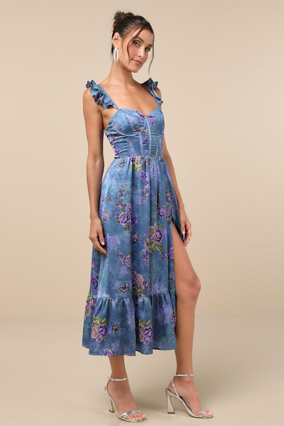 Sweet Like Sangria Blue Floral Ruffled Bustier Midi Dress #Color_Blue Floral