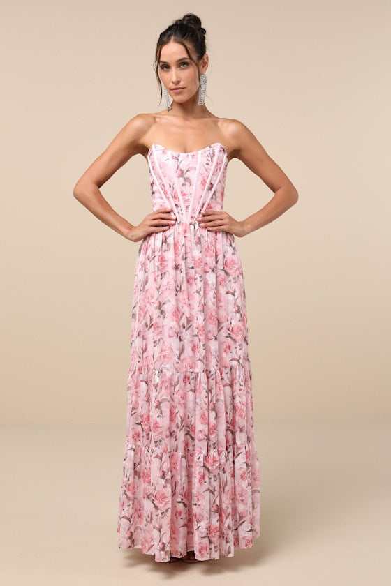 Special Moment Light Blue Floral Strapless Bustier Maxi Dress #Color_Pink Floral