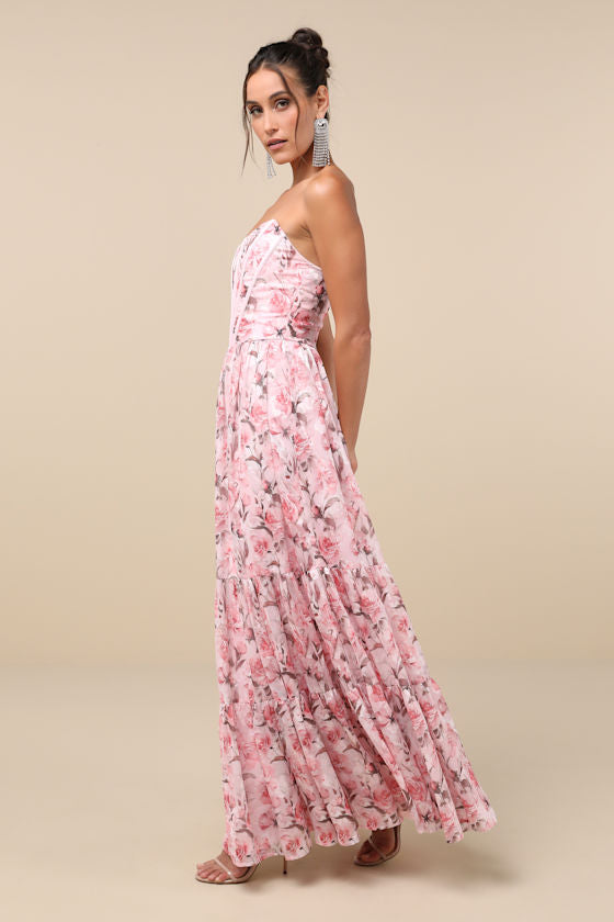 Special Moment Light Blue Floral Strapless Bustier Maxi Dress