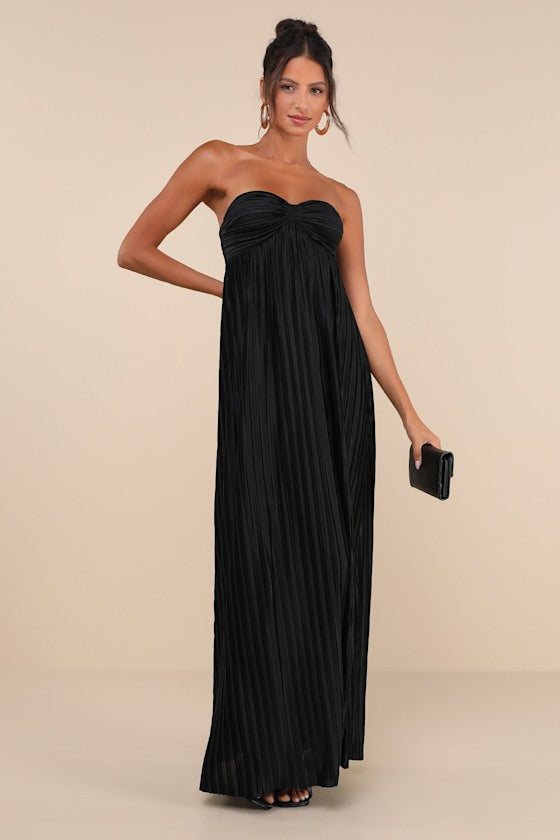 Whimsical Beauty Golden Yellow Satin Plisse Strapless Maxi Dress #Color_Black