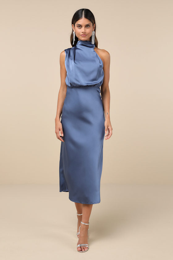 Distinctive Charm Black Satin Asymmetrical Midi Dress #Color_Slate Blue