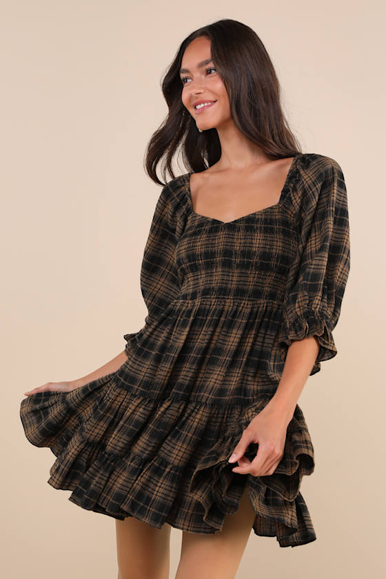 No One Cuter Black and Tan Plaid Puff Sleeve Tiered Mini Dress #Color_Black and Tan