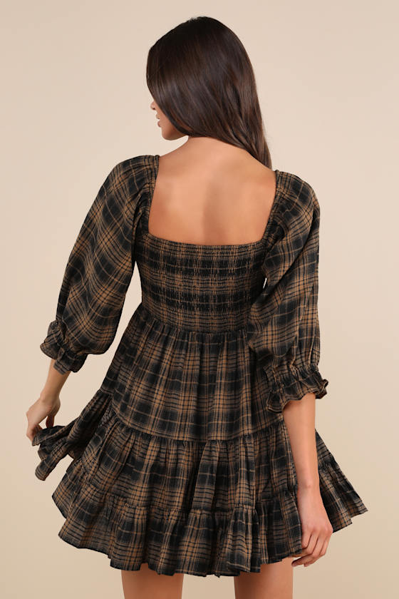 No One Cuter Black and Tan Plaid Puff Sleeve Tiered Mini Dress #Color_Black and Tan