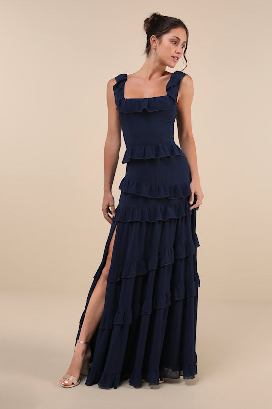 Compelling Romantic Dark Blue Ruffled Tiered Maxi Dress #Color_Dark Blue