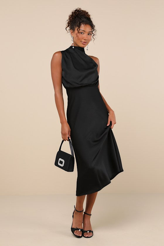 Distinctive Charm Black Satin Asymmetrical Midi Dress #Color_Black
