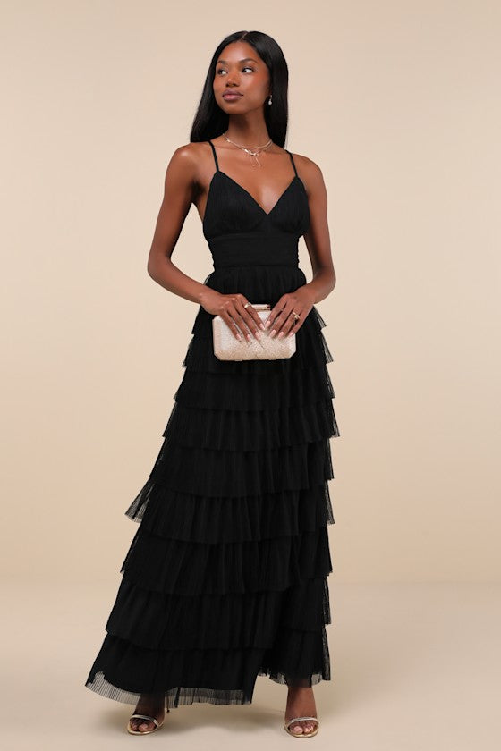 Radiant Event Black Mesh Tiered Pleated Backless Maxi Dress #Color_Black