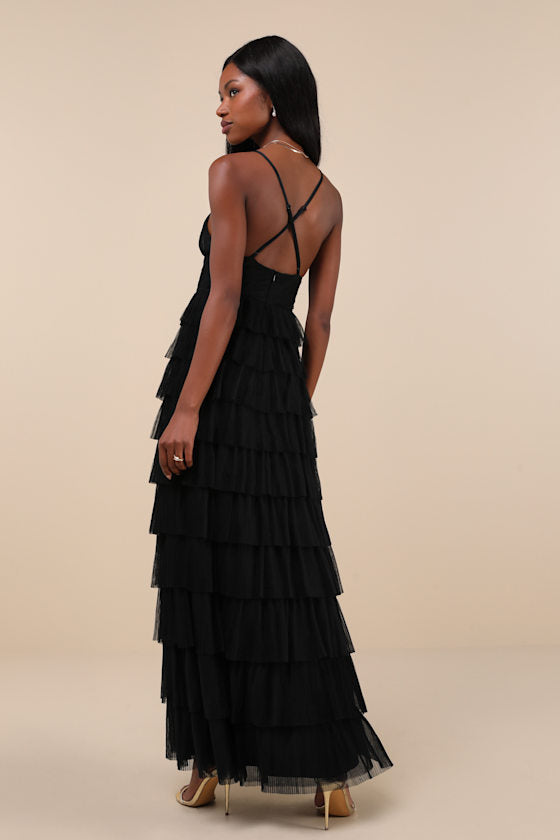 Radiant Event Black Mesh Tiered Pleated Backless Maxi Dress #Color_Black