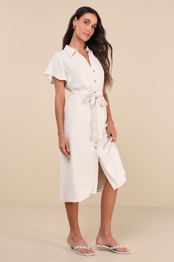 Italian Summer Black Linen Button-Up Short Sleeve Midi Dress