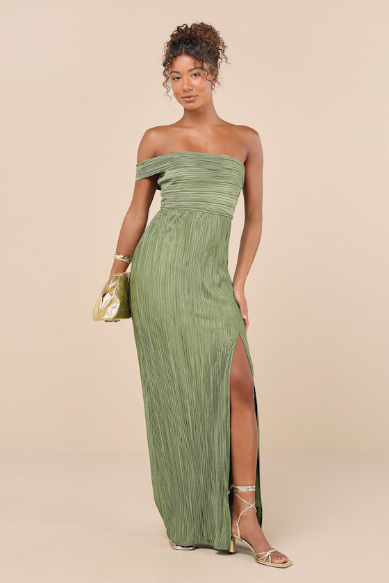 Poised Performance Rust Red Plisse One-Shoulder Maxi Dress #Color_Olive Green