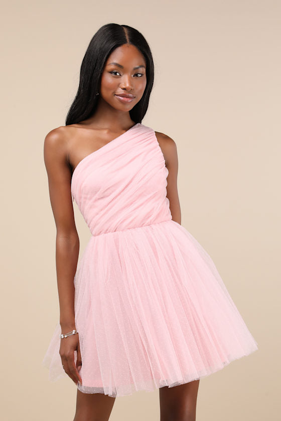 Exceptional Moments Light Pink Swiss Dot One-Shoulder Mini Dress #Color_Light Pink