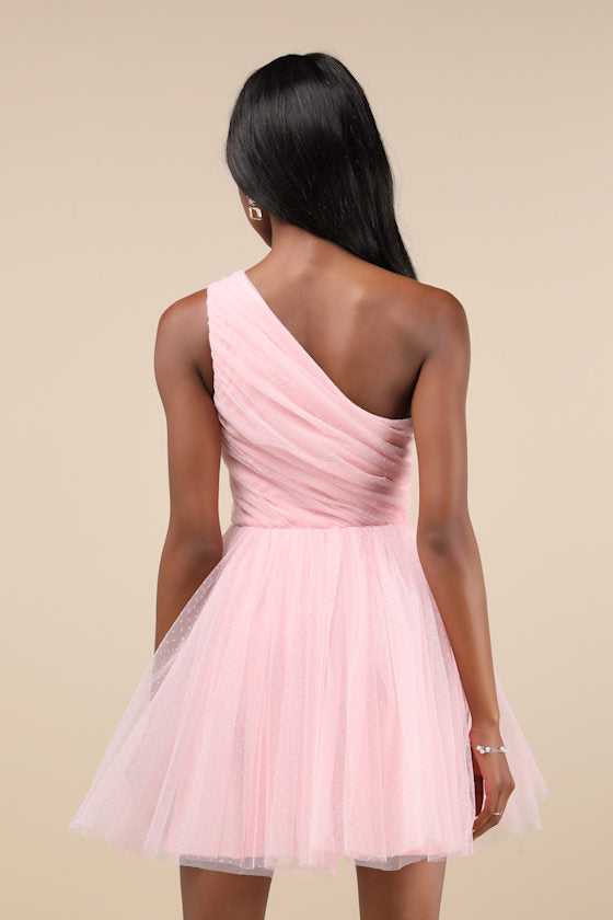 Exceptional Moments Light Pink Swiss Dot One-Shoulder Mini Dress #Color_Light Pink