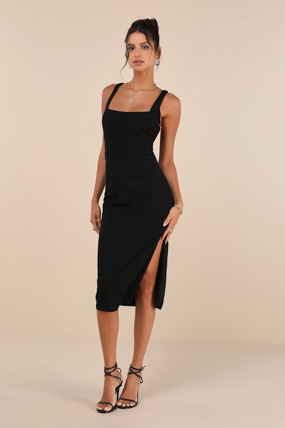 Vibrant Allure Black Square Neck Sleeveless Bodycon Midi Dress #Color_Black