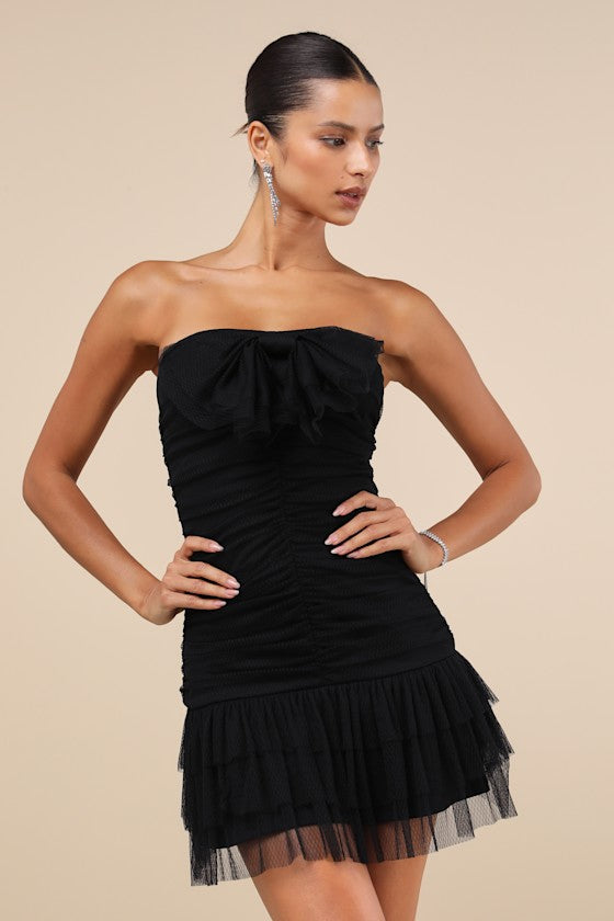 Picture-Perfect Persona Purple Mesh Bow Ruched Mini Dress #Color_Black