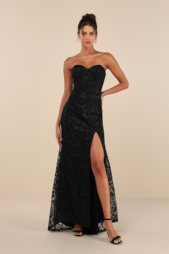 Romantic Beauty Black Floral Embroidered Strapless Maxi Dress #Color_Black