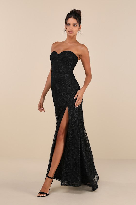 Romantic Beauty Black Floral Embroidered Strapless Maxi Dress #Color_Black