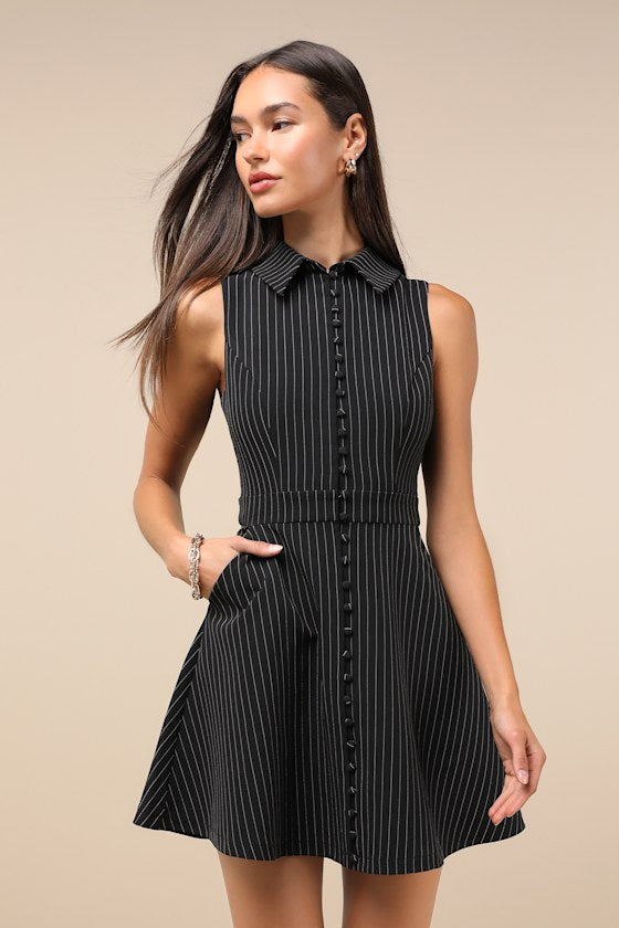 Totally Poised Black Pinstriped Collared Mini Dress With Pockets #Color_Black Pinstriped