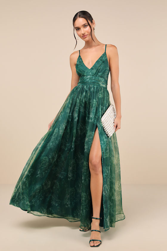 Romance That Wows Dark Teal Floral Print Organza Maxi Dress