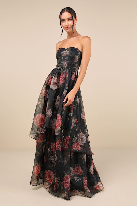 Truly Extraordinary Black Floral Organza Strapless Maxi Dress #Color_Black Floral