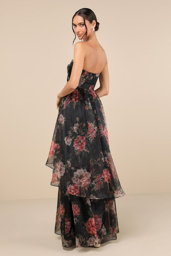 Truly Extraordinary Black Floral Organza Strapless Maxi Dress #Color_Black Floral