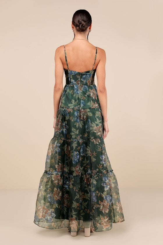 Exclusive Glamour Black Floral Organza Tiered Maxi Dress
