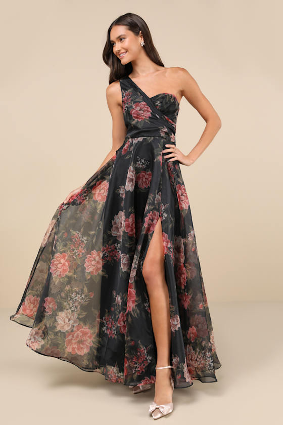 Truly Extraordinary Black Floral Organza One-Shoulder Maxi Dress #Color_Black Floral