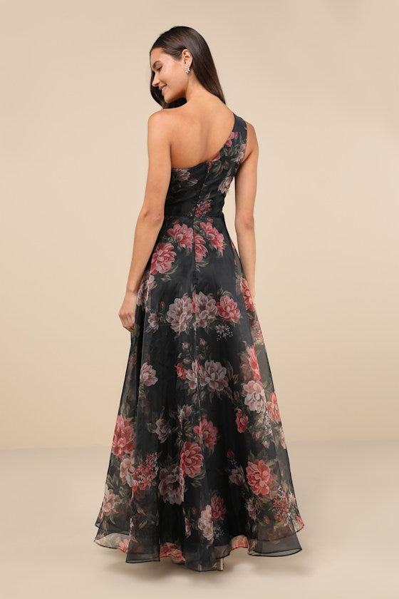 Truly Extraordinary Black Floral Organza One-Shoulder Maxi Dress #Color_Black Floral
