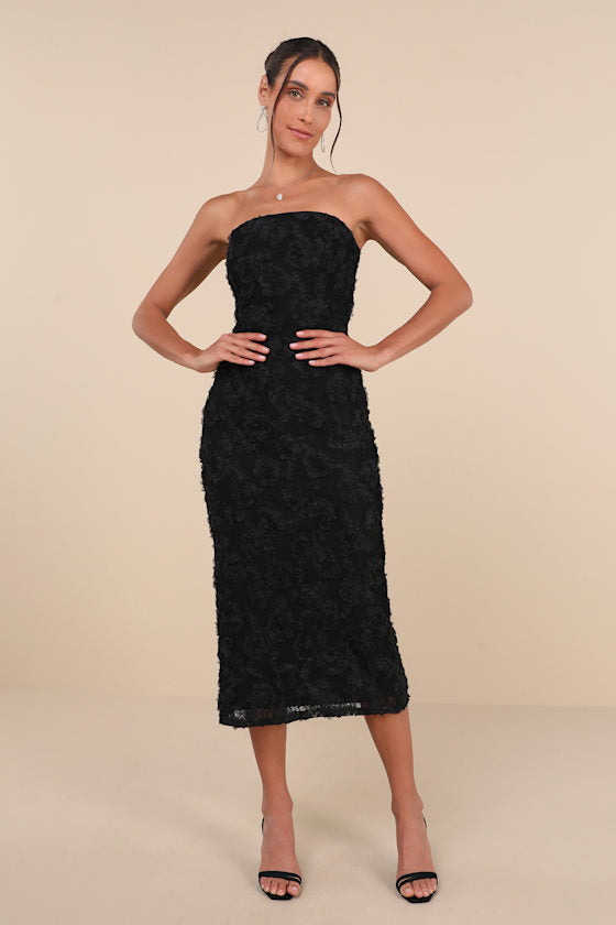 Flawless Perfection Blue Floral Applique Strapless Midi Dress #Color_Black