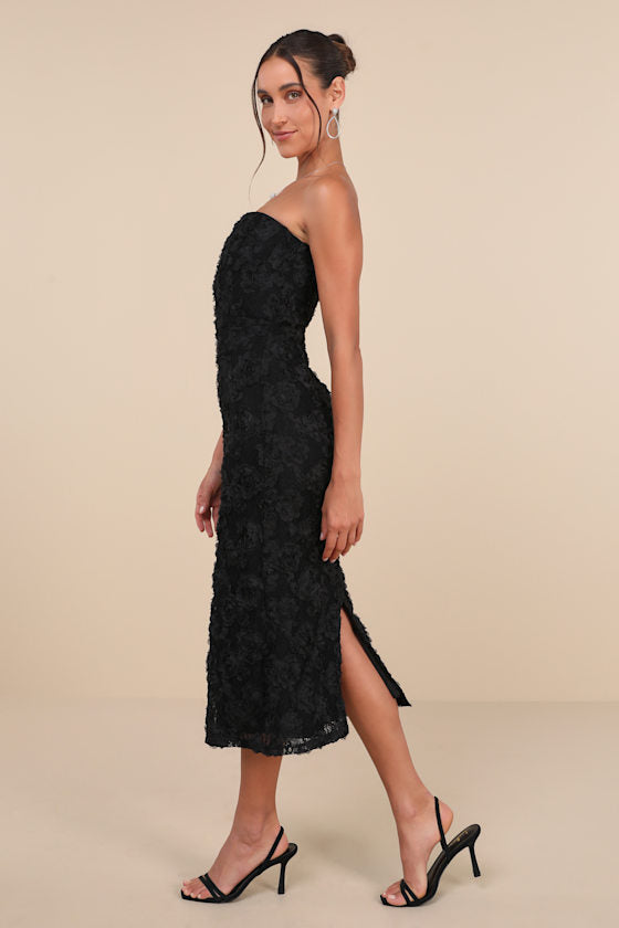 Flawless Perfection Blue Floral Applique Strapless Midi Dress